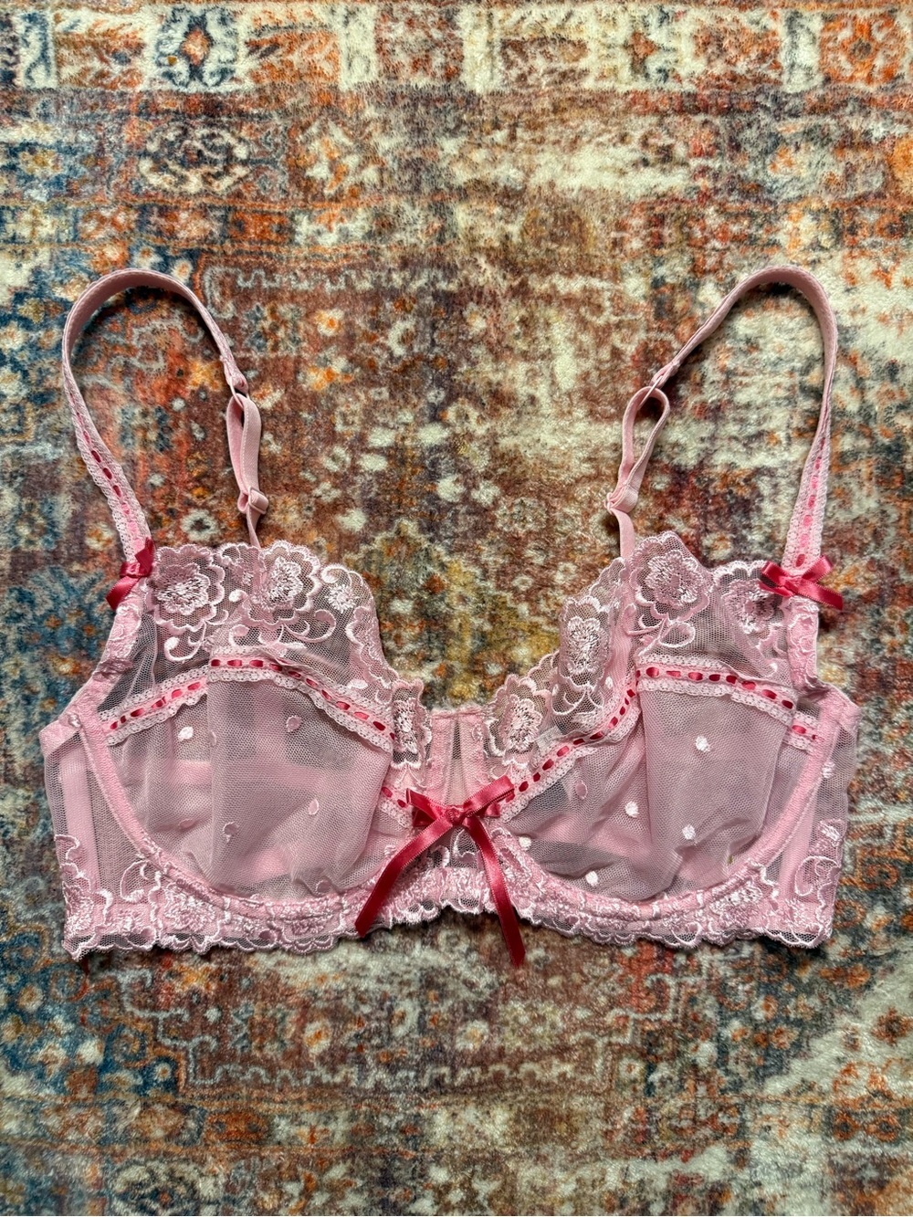 Adore Me Pink Polka Dot Lace Unlined Bra 34DD NWOT